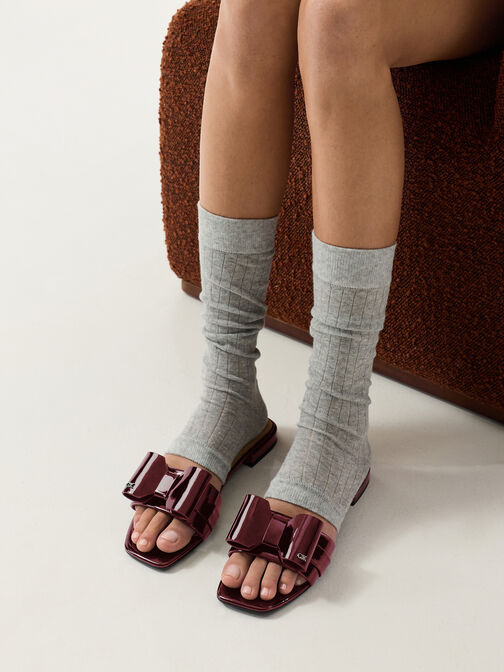 Lu Patent Leather Bow Slide Sandals, Burgundy, hi-res