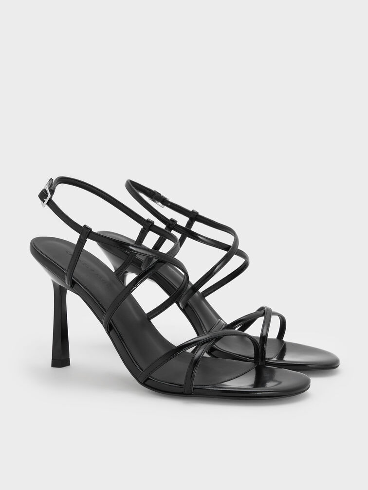 Strappy Crossover Trapeze-Heel Sandals, Black Boxed, hi-res