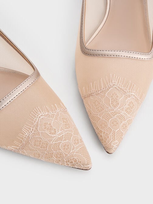 Mesh & Lace Pointed-Toe Slingback Pumps, Nude, hi-res