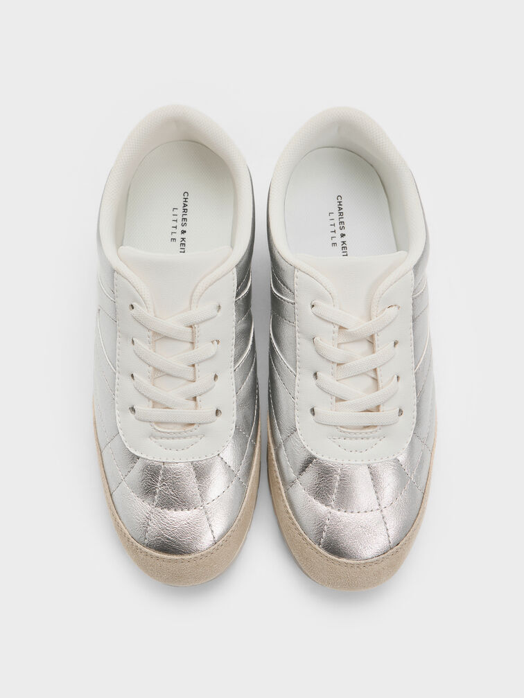 حذاء رياضي للبنات برقبة منخفضة مصنوع من الجلد السويدي الصناعي لون معدني, فضي, hi-res