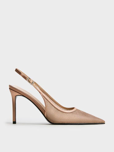 Glittered Mesh Pointed Slingback Pumps, Brown, hi-res