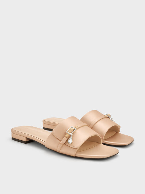 Satin Teardrop-Crystal Buckle-Strap Slide Sandals, Gold, hi-res