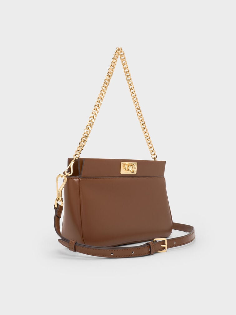 حقيبة كتف ليني بمقبض على شكل سلسلة, بني داكن, hi-res