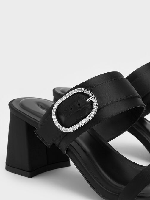 Recycled Polyester Crystal-Buckle Block-Heel Mules, Black Textured, hi-res