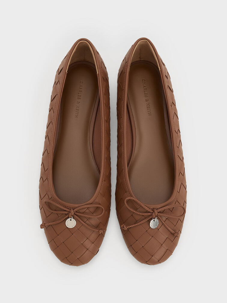 حذاء باليه إيڤيت مسطح منسوج ومزين بفيونكة, كراميل, hi-res