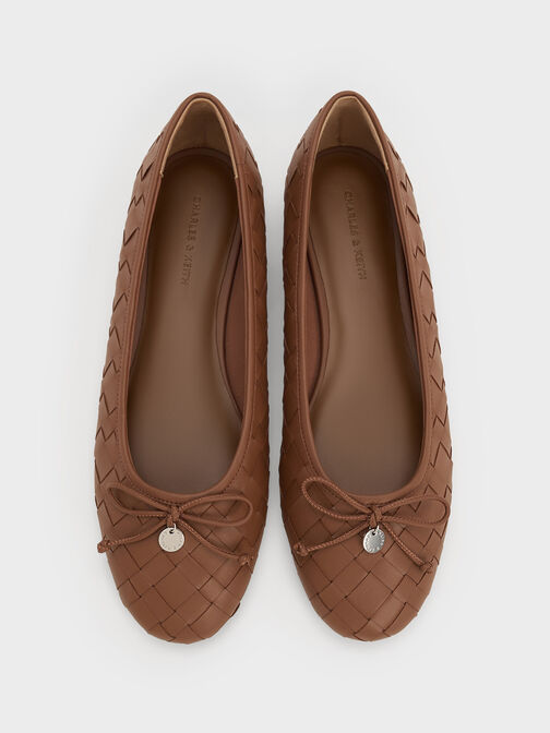 حذاء باليه إيڤيت مسطح منسوج ومزين بفيونكة, كراميل, hi-res