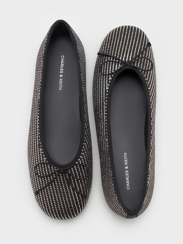 Satin Crystal-Embellished Bow Ballet Flats, Black Textured, hi-res