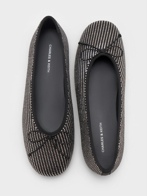 Satin Crystal-Embellished Bow Ballet Flats, Black Textured, hi-res