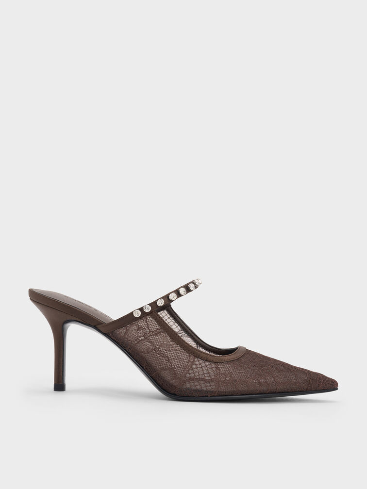 ميولز بكعب عالٍ من الدانتيل والساتان ومرصع بالكريستال, بني محبّب غامق, hi-res