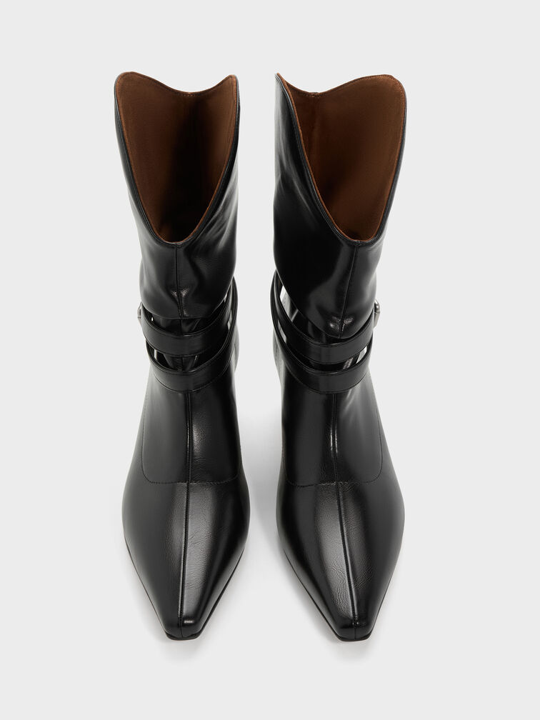 Karter Pointed-Toe Ruched Buckled Kitten-Heel Boots, Black, hi-res