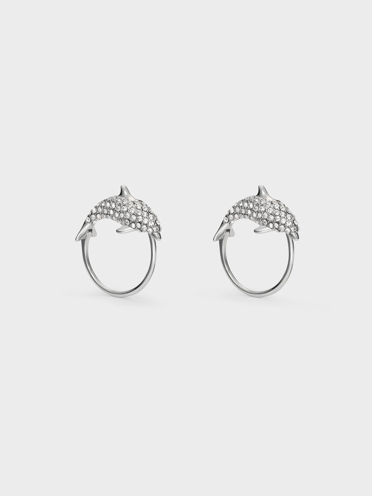 Delfina Crystal-Dolphin Hoop Earrings, Silver, hi-res
