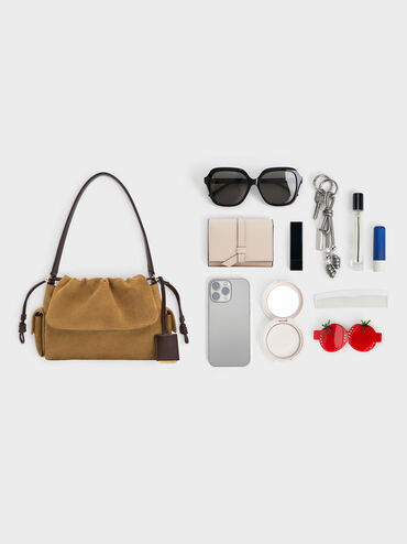 شنطة يد كاي شامواه معاد تدويره بغطاء مزموم وجيب جانبي, رملي ذهبي هاديء, hi-res