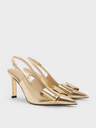Lu Metallic Leather Bow Blade-Heel Slingback Pumps, Gold, hi-res
