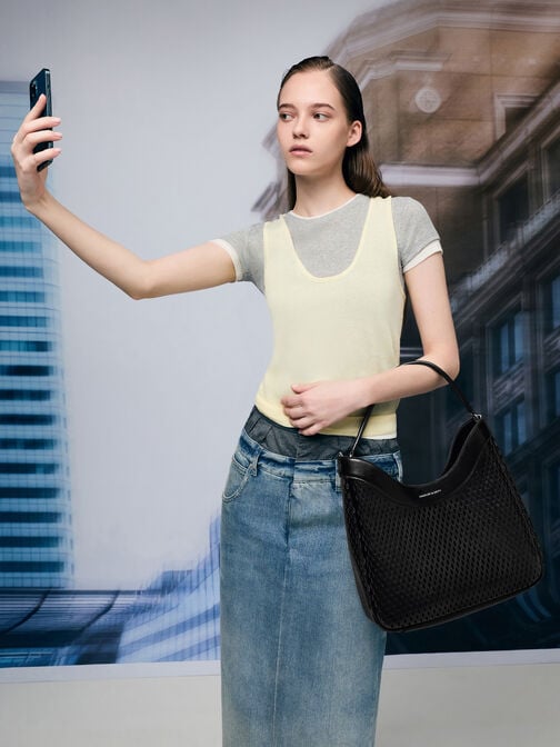 Juno Perforated Hobo Bag, Noir, hi-res