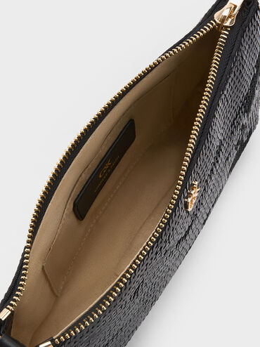 حقيبة كتف من الجلد والشبك مرصعة بالترتر, أسود, hi-res