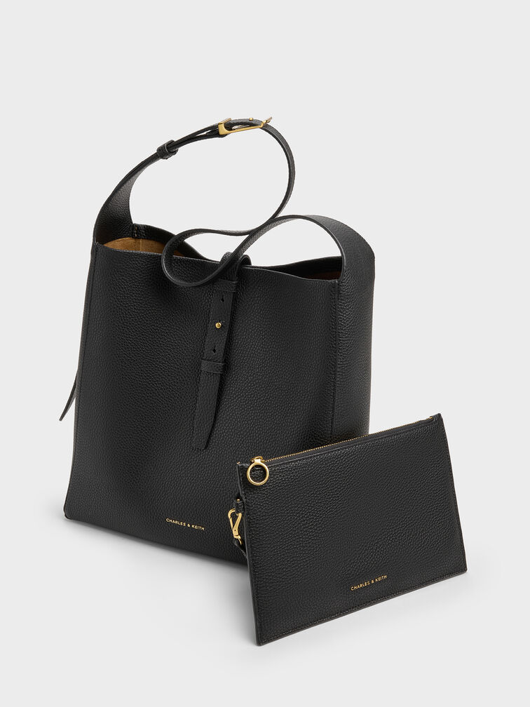 شنطة هوبو بريل بجلد معاد تدويره وحزام, أسود, hi-res