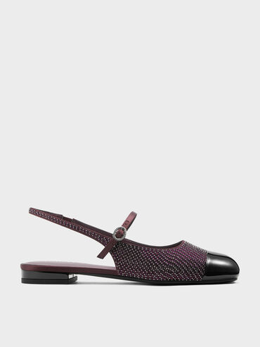 Pearl & Crystal-Embellished Cap-Toe Slingback Mary Jane Flats, Burgundy, hi-res