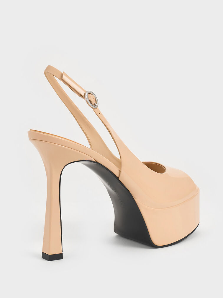 Patent Peep-Toe Stiletto-Heel Platform Sandals, Nude, hi-res