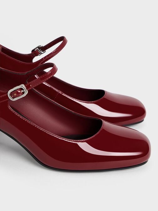 حذاء ماري جين من الجلد اللامع بكعب عالٍ عريض, ماروني, hi-res