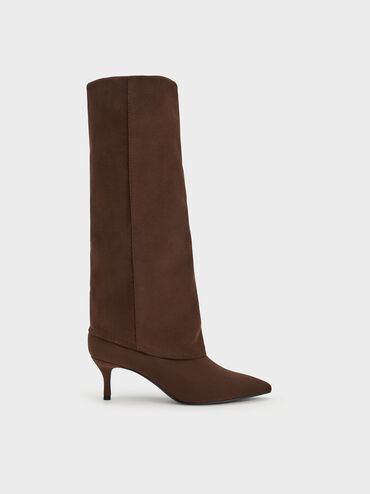 Faux Suede Pointed Stiletto Knee-High Boots, Dark Brown Textured, hi-res