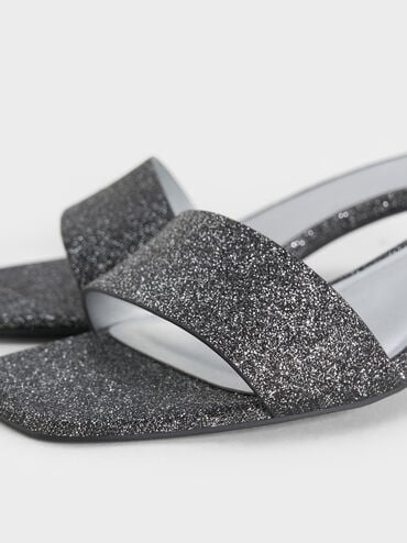 Glittered Cone-Heel Mules, Black Textured, hi-res