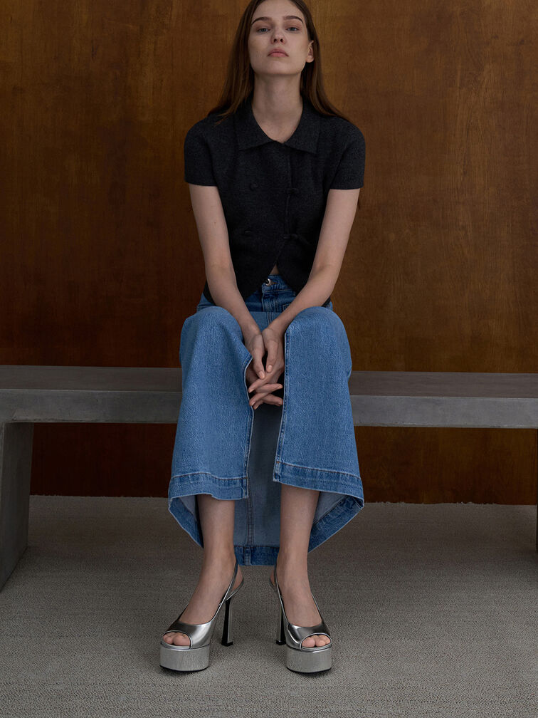 Metallic Peep-Toe Stiletto-Heel Platform Sandals, Silver, hi-res