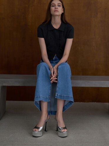 Metallic Peep-Toe Stiletto-Heel Platform Sandals, Silver, hi-res