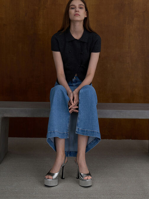 صنادل ميتاليك بنعل مرتفع وكعب رفيع مع فتحة أمامية – لإطلالة تخطف الأنظار, فضي, hi-res