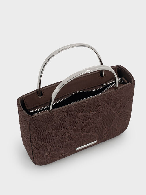 Jennis Lace & Satin Top Handle Bag, Dark Brown Textured, hi-res