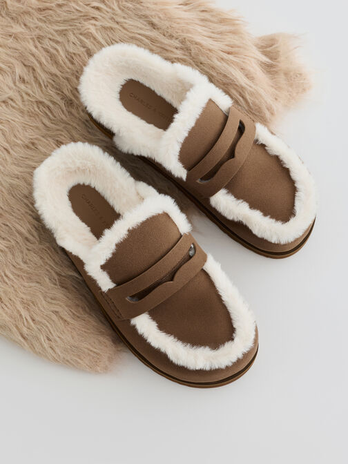 Furry Flatform Mules, Brown, hi-res