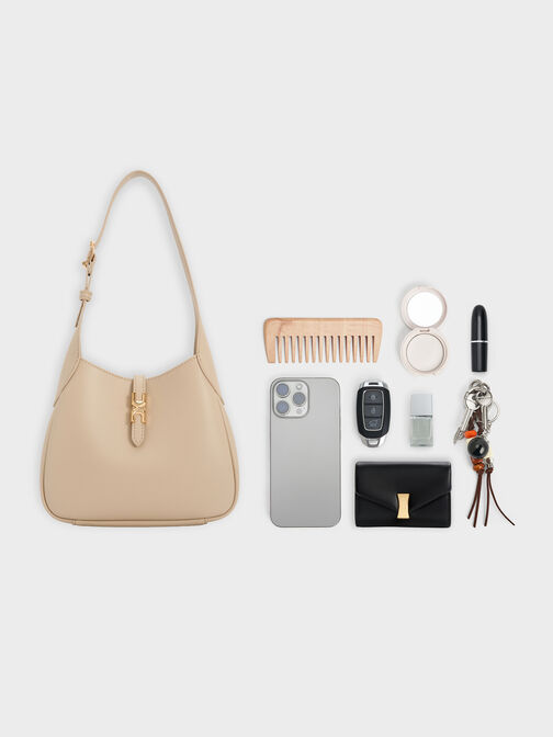 شنطة هوبو ميني أدالين بمشبك معدني وحزام, بيج مخملي, hi-res