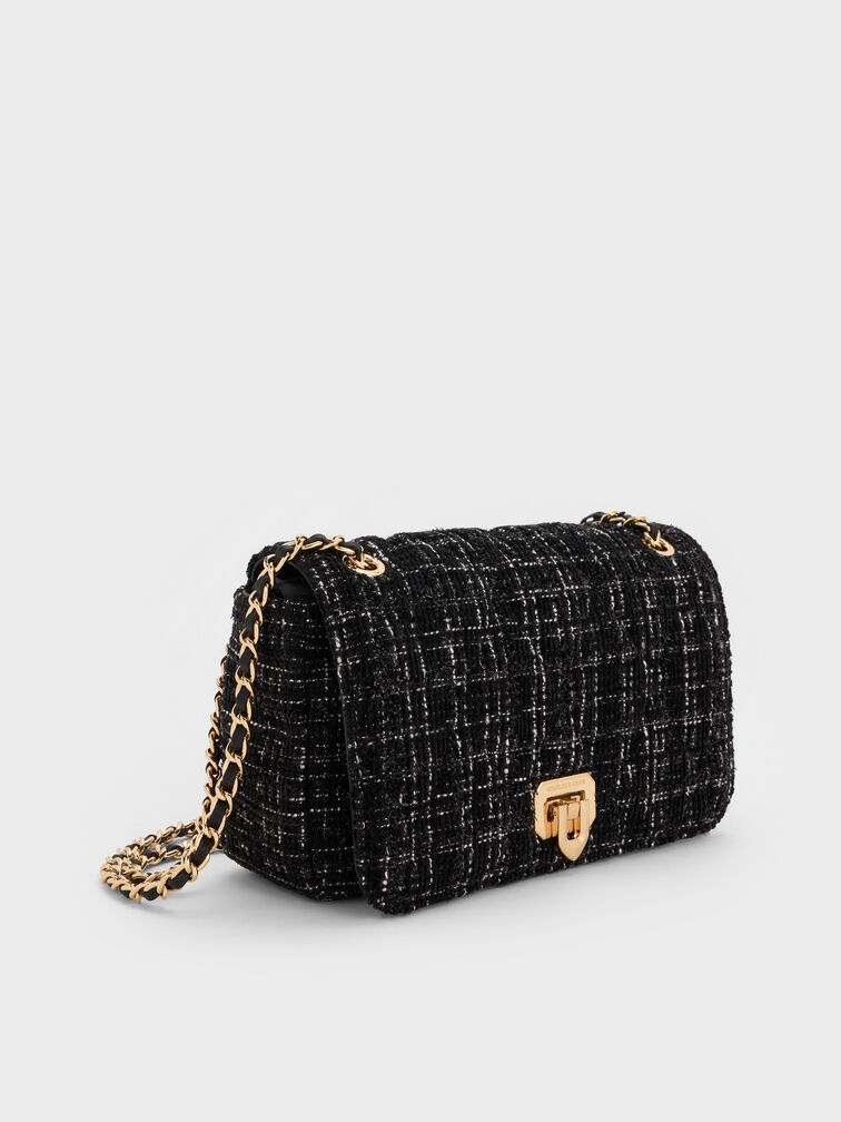 Arwen Tweed Diamond-Quilt Braided-Strap Shoulder Bag, Black Tweed, hi-res