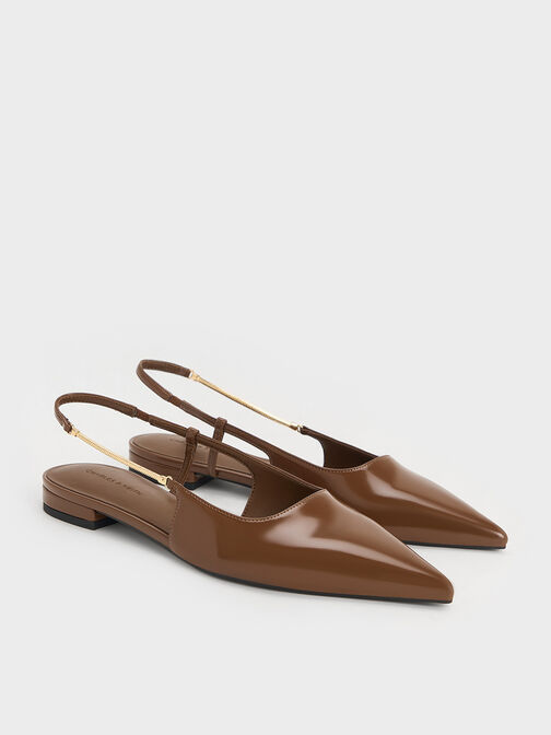 Chain-Strap Pointed-Toe Slingback Flats, Brown, hi-res
