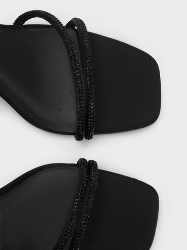 Satin Crystal-Embellished Asymmetric Heeled Sandals, Black Textured, hi-res