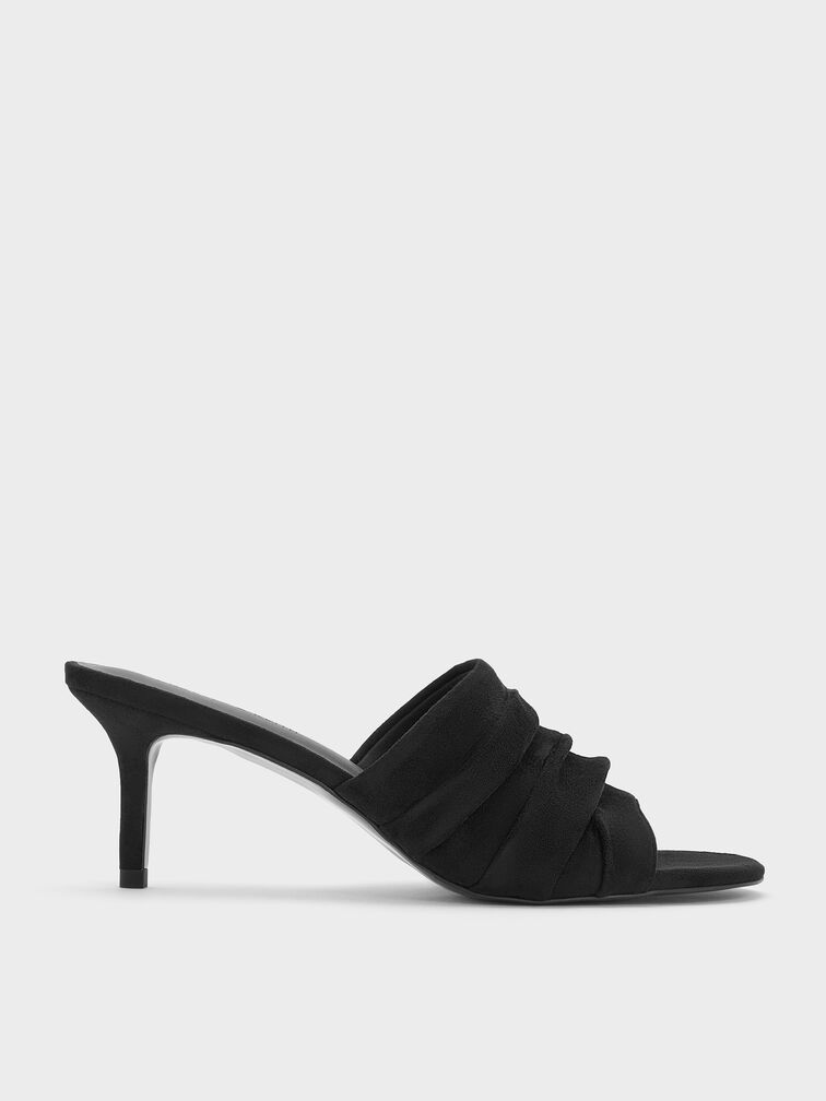 Faux Suede Ruched Heeled Mules, Black Textured, hi-res