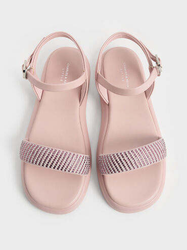 Girls' Crystal-Pearl Puffy Sandals, Light Pink, hi-res