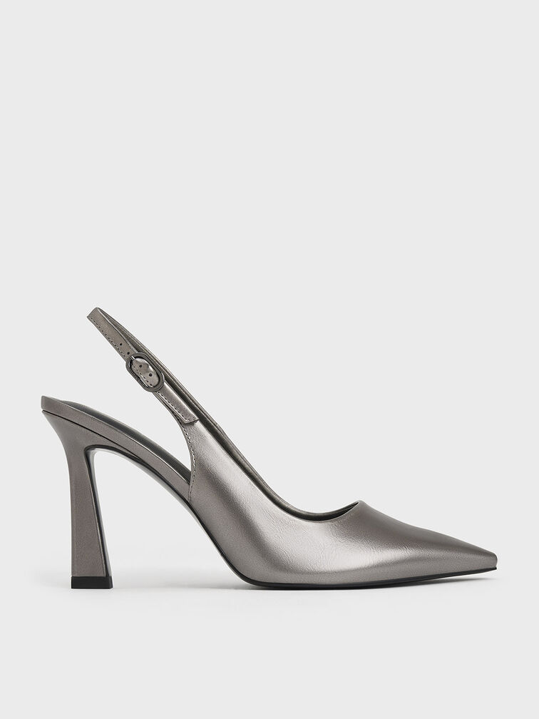 Metallic Trapeze Heel Slingback Pumps, Pewter, hi-res