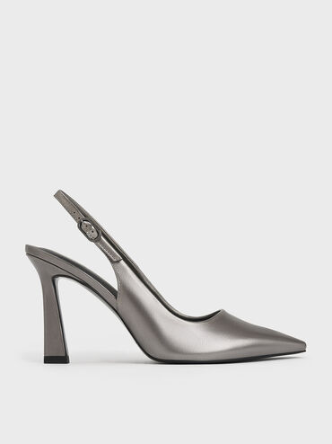Metallic Trapeze Heel Slingback Pumps, Pewter, hi-res
