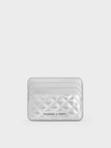 Cleo Metallic Quilted Card Holder, Silver, hi-res
