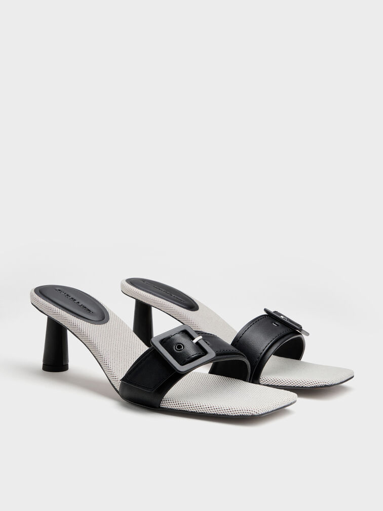 Buckle-Strap Heeled Mules, Black, hi-res