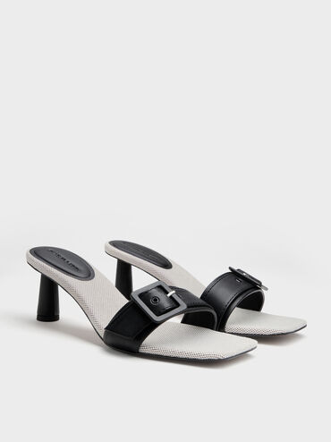 Buckle-Strap Heeled Mules, Black, hi-res