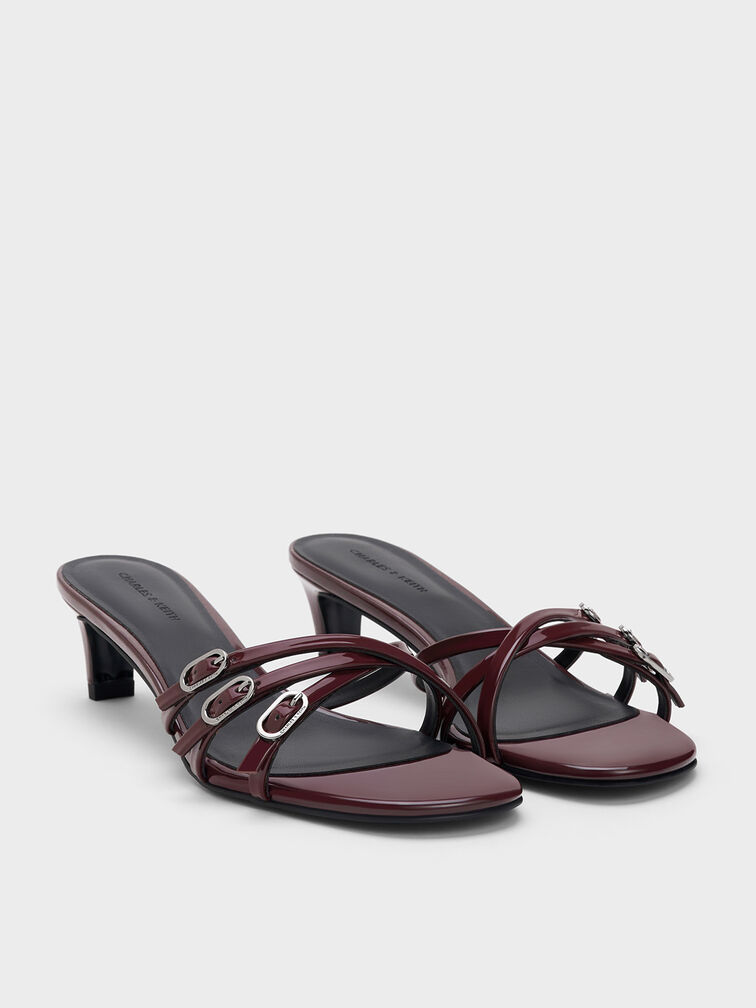 حذاء ميول من الجلد اللامع بكعب القطة وأحزمة متقاطعة بإبزيم, برغندي, hi-res