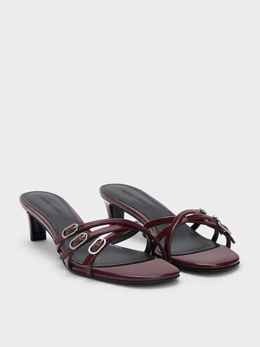 حذاء ميول من الجلد اللامع بكعب القطة وأحزمة متقاطعة بإبزيم, برغندي, hi-res