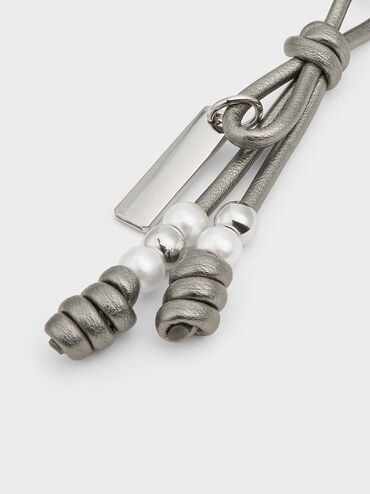 Beaded Metallic Cord Knot Charm, Pewter, hi-res