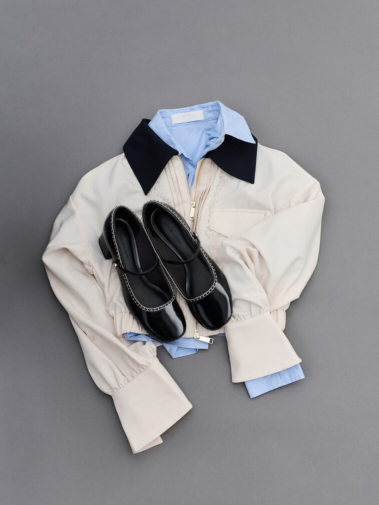 حذاء ماري جين بكعب عريض وسلسلة مجدولة, صندوق أسود, hi-res