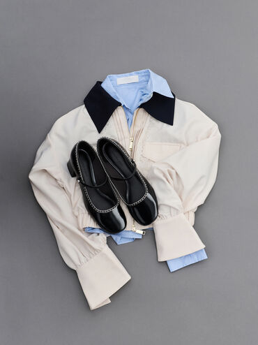 حذاء ماري جين بكعب عريض وسلسلة مجدولة, صندوق أسود, hi-res