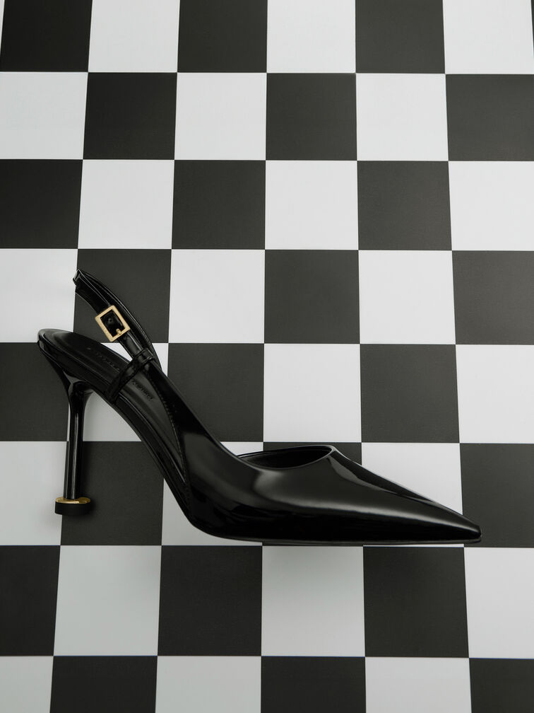 Wynn Patent Pointed-Toe Sculptural-Heel Slingback Pumps, Black Patent, hi-res