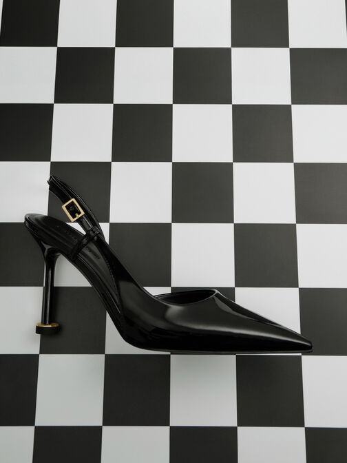 Wynn Patent Pointed-Toe Sculptural-Heel Slingback Pumps, Black Patent, hi-res