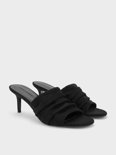 Faux Suede Ruched Heeled Mules, Black Textured, hi-res