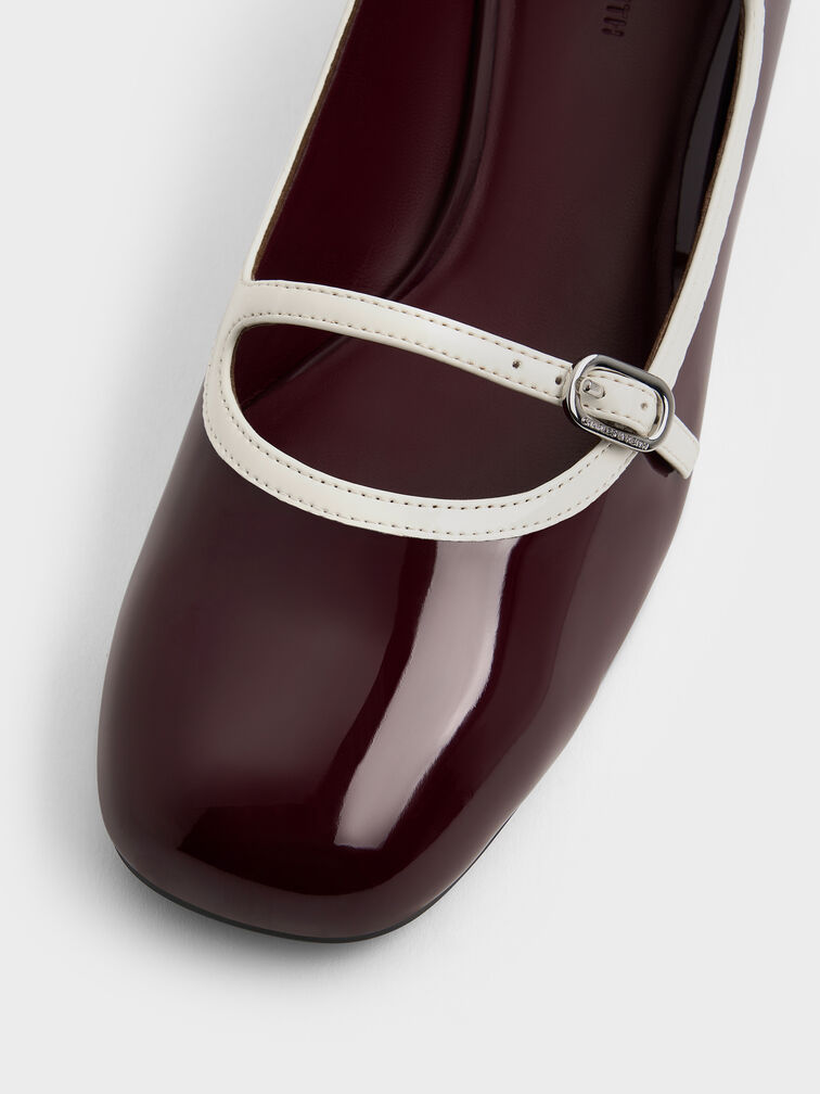 Patent Contrast-Trim Double-Strap Mary Jane Pumps, Burgundy, hi-res